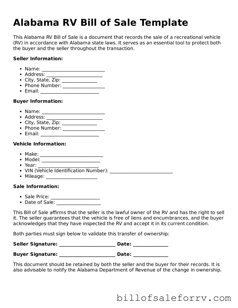Alabama RV Bill of Sale Template