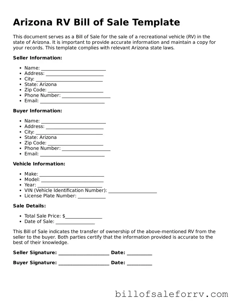 Arizona RV Bill of Sale Template