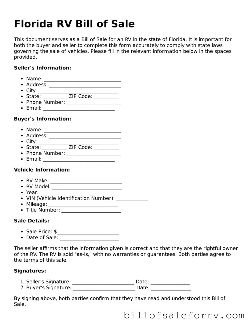 Florida RV Bill of Sale Template