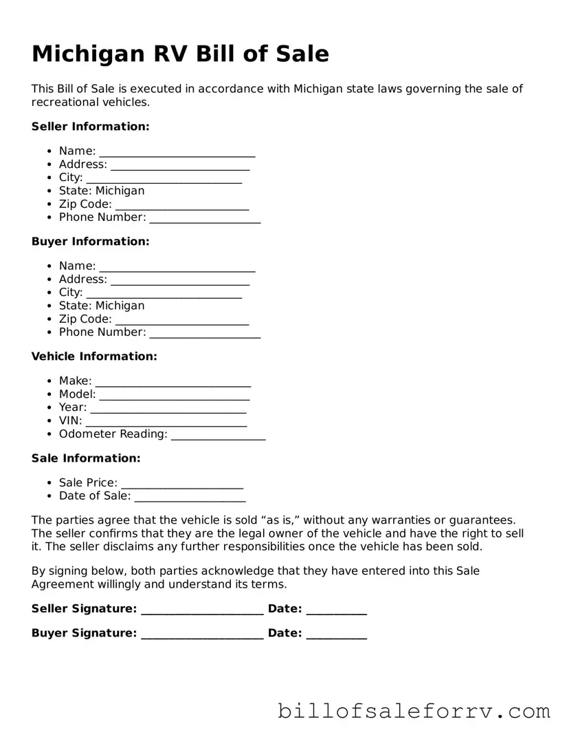 Michigan RV Bill of Sale Template