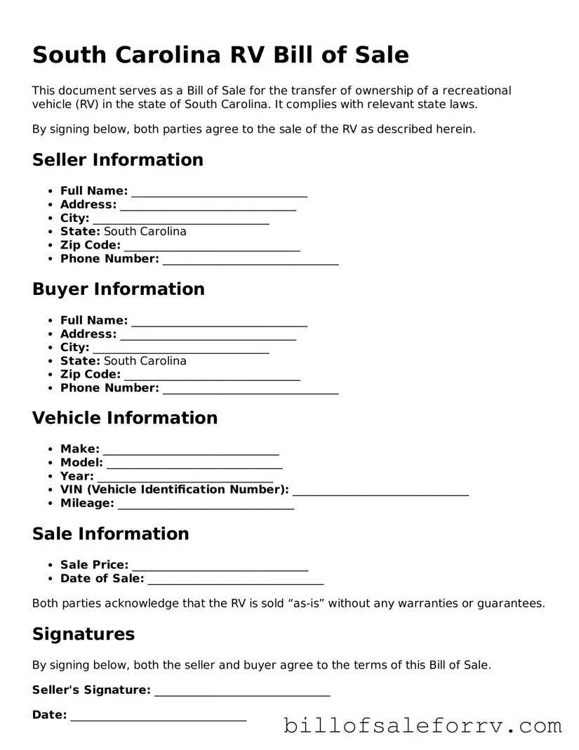 South Carolina RV Bill of Sale Template