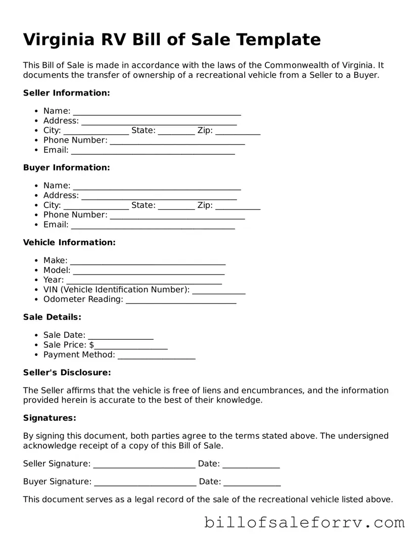 Virginia RV Bill of Sale Template